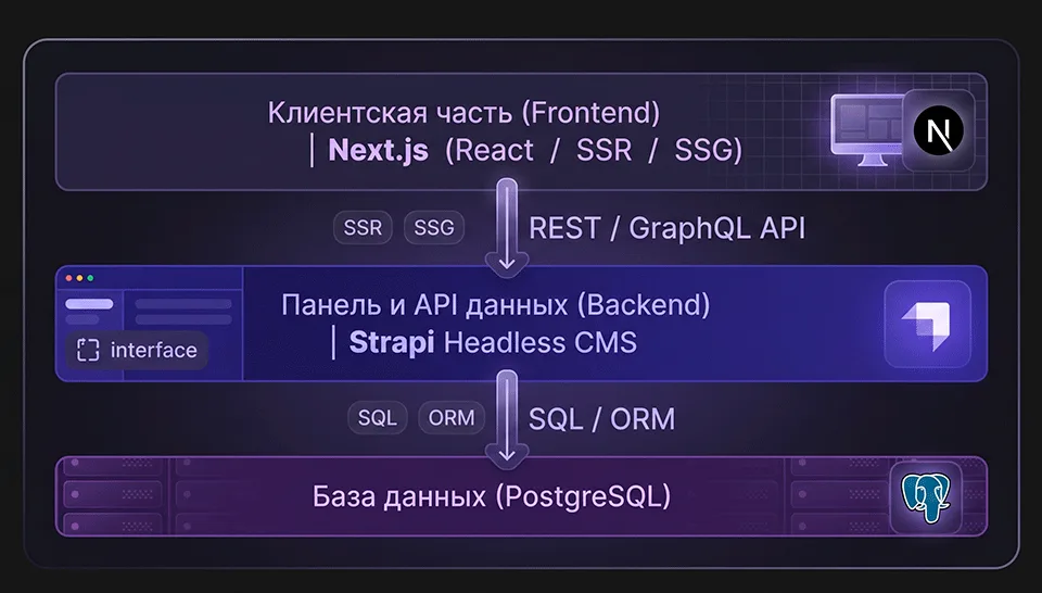 Схема архитектуры сайта rcsvl.ru: фронтенд на Next.js (SSR/SSG) обращается через REST/GraphQL API к Strapi Headless CMS, которая хранит данные в PostgreSQL